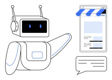 Robot dijital alışverişe rehberlik eden bir konuşma balonuyla çevrimiçi mağazayı işaret ediyor. E-ticaret, yapay zeka etkileşimi, sanal yardım, otomasyon, müşteri desteği, sohbet robotları ve teknoloji için ideal