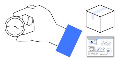 Karton kutulu ve zaman yönetimi, nakliyat ve veri analizinin altını çizen analitik gösterge paneli olan el kavrama saati. Lojistik, verimlilik, iş akışı, nakliye, izleme ve analiz için ideal