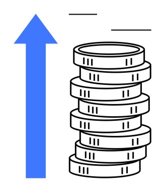 Yükselen büyük bir okun yanında para yığını finansal büyümeyi, başarıyı veya gelir artışını temsil ediyor. Finans, yatırım, tasarruf, gelir, zenginlik, iş ilerlemesi için idealdir