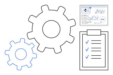 Birbirine kenetlenmiş iki vites, grafikli analitik panel, iş akışını, verimliliği ve ilerleme takibini temsil eden kontrol listesi panosu. Takım çalışması, üretkenlik, strateji ve planlama için ideal