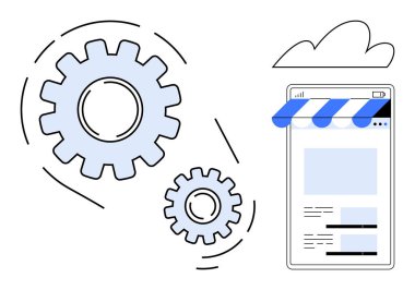 Sistem optimizasyonunu sembolize eden büyük viteslerin yanında akıllı telefon ekranı görüntüleme. E-ticaret, teknoloji, üretkenlik, yenilik, otomasyon, dijital araçlar için ideal
