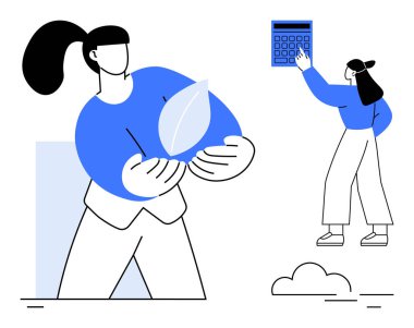 Yaprak tutan kişi eko-bilinci sembolize ederken, diğeri de hesap makinesiyle etkileşime geçiyor. Sürdürülebilirlik, bütçe, yeşil finans, muhasebe, karar verme, çevre dostu hedefler için ideal