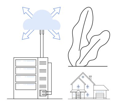 Bir veri sunucusunun üzerinde oklarla ağ değiş tokuşunu, ev bağlantısını ve soyut bitkiyi gösteren bir bulut. Veri depolama, teknoloji, ağ oluşturma, akıllı ev, yenilik, dijital