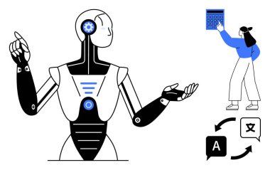 Hesap makinesi olan bir insan karakteri, gelişmiş insansı robot, tercümeyi gösteren dil sembolleri. AI, teknoloji, iletişim, yenilik, eğitim, dil eğitimi için ideal küresel