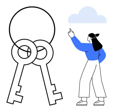 Üst üste binen iki anahtarı olan bir bulutu işaret eden kadın. Güvenlik, erişim, çözümler, bulut hesaplama, yenilik, fırsatlar, problem çözme için ideal. Düz basit metafor