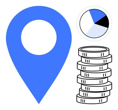 Büyük mavi harita işaretleyicisi segmentli pasta grafiği ve istiflenmiş paraların yanında. Konum, analitik, iş büyümesi, finans, yatırım, maliyet ve planlama için ideal. Düz basit metafor