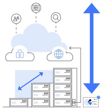Bulut deposu kullanıcı erişimi, güvenlik, medya ve web simgelerine bağlı. Ölçeklenebilir ve büyüme işaretli sunucu yığınları. Bulut çözümleri, güvenlik, veri ölçeklenebilirliği ve yenilik için ideal