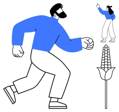 Erkek enerjik bir şekilde yürür, kadın yukarı doğru hareket eder, mısır bitkisi büyümeyi simgeler. Düz basit metaforda tarım, takım çalışması, enerji, keşif, ilerleme, büyüme sürdürülebilirliği için ideal