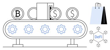 Taşıma bandı dolar, bitcoin para dişlileri iş akışını simgeler. Alışveriş torbası ve merkezi olmayan finans, e-ticareti ve engelleme zincirini temsil ediyor. Finans, teknoloji, yenilik ve engel zinciri için ideal