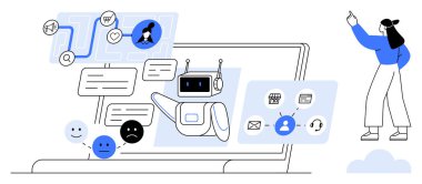 Robot sohbet robotu ekrandaki mesaj kutularıyla destek sağlıyor, duygular için simgeler, kullanıcı profilleri, servisler. Teknoloji, destek, yapay zeka, otomasyon, yenilikçi iletişim kullanıcı etkileşimi için ideal