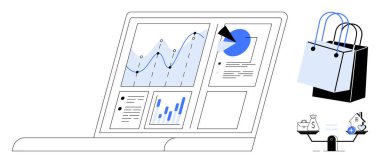Laptop ekranında çeşitli veri tabloları ve grafikler, alışveriş torbaları ve dengeli ölçekler gösteriliyor. Dijital pazarlama, e-ticaret, iş analizleri, finans, satış performansı, veri