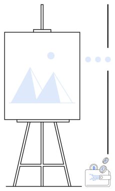 Easel, içinde kripto para sembolleri olan bir cüzdanın yanında geometrik bir tablo tutuyor. Sanat, teknoloji, dijital ekonomi, finans yeniliği, yaratıcılık, yatırımlar, soyut tasarım için idealdir. Düz