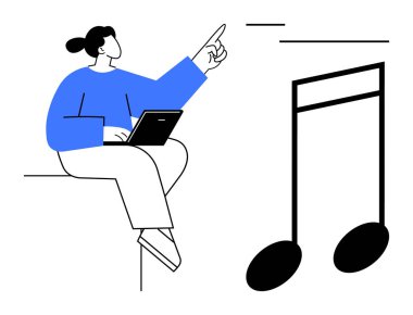 Dizüstü bilgisayarlı bir kadın, müzik yaratmayı sembolize eden büyük boy notalara bakıyor. Yaratıcılık, müzik üretimi, eğitim, fikirler, ilham, tasarım teknolojisi için ideal. Düz basit