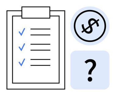 Kontrol listeli pano, dolar işareti çemberi ve planı, finansal hedefleri ve karar vermeyi sembolize eden soru işareti. Finans, organizasyon, hedefler, belirsizlik iş planlaması için ideal