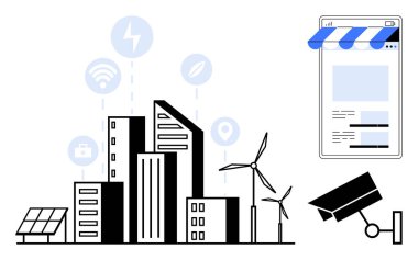Şehir binaları, rüzgar türbinleri, güneş panelleri, kamera ve mobil arayüz bağlantıyı, temiz enerjiyi ve güvenliği vurguluyor. Sürdürülebilirlik ve yenilik için ideal şehir planlama akıllı sistemleri