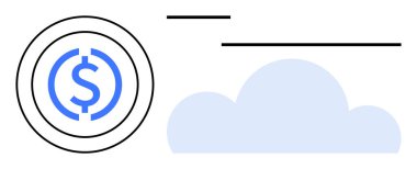 Açık mavi bulut elementinin yanında çizgi detaylarıyla mavi para. Fintech, kripto para birimi, dijital ödemeler, bulut hizmetleri, çevrimiçi işlemler, sanal ekonomi, düz basit metafor için ideal