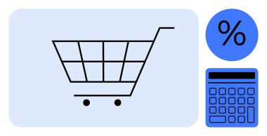 Minimalist siyah alışveriş arabası, mavi hesap makinesi ve yüzde işareti. E-ticaret, perakende, finans, bütçe, satış planlaması, tasarruf, çevrimiçi alışveriş merkezi metaforu için ideal