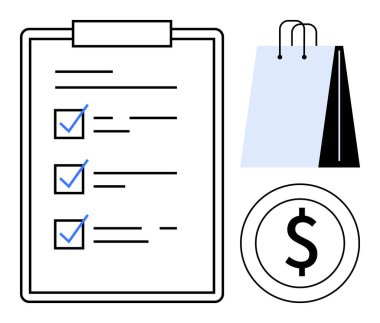 Mavi işaretli kontrol listesi, siyah alışveriş çantası, dolar sembolü alışverişi, bütçeyi vurguluyor. Perakende planlama, gider takibi, satın alma alışkanlıkları, tüketici sezgileri, iş için ideal