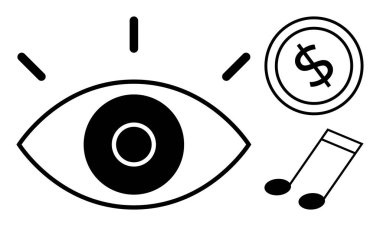 Işıldayan çizgilerle büyük bir göz, zenginliği simgeleyen bir dolar para ve yaratıcılığı simgeleyen bir müzik notası. Vizyon, finans, yaratıcılık, fikirler, hedefler multimedya girişimciliği için idealdir. Düz basit