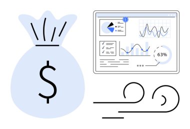 Dolar işaretli para çantası, grafikler ve çizelgeler gösteren analitik gösterge paneli, soyut rüzgar çizgileri. Finans, yatırım, iş başarısı, tasarruf, ekonomik eğilimler, veri analizi dairesi için ideal