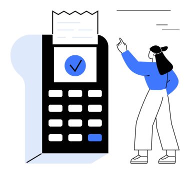 Kartvizit ödeme terminalinin yanında parmak izi ve onay işaretli bir kadın var. İşlem, ödeme, alışveriş, fatura, perakende, finans, müşteri hizmetleri için ideal. Düz basit