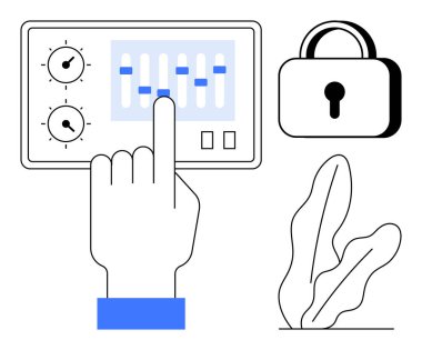 Kontrol panelindeki kaydırıcılarla el etkileşimi, güvenliği sembolize eden kilit simgesi ve minimalist dekoratif bitki taslağı. Teknoloji, güvenlik, erişim kontrolü, mahremiyet, kullanıcı etkileşimi için ideal