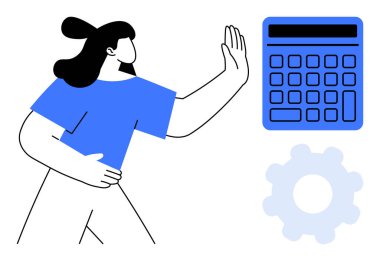 Kadının biri hesap makinesine el kaldırıyor. Yakınlarda bir vites var. Reddedilme, muhalefet, sınırlar, karar verme, iş hayatı dengesi, manuel çaba, bağımsızlık temaları için ideal