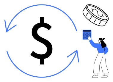Oklarla çevrili dolar sembolü, hareket halindeki para ve hesap makinesine dokunan kişi. Para yönetimi, bütçe, yatırım, ekonomi, tasarruf gelirleri için ideal. Düz basit metafor