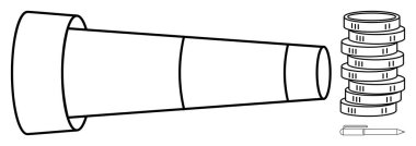 Teleskopik tüp, yanında bir kalem olan bozuk paralara yönelip keşif, vizyon, finans, tasarruf, planlama, iş stratejisi ve yatırımı sembolize ediyor. Basit bir büyüme planı için ideal