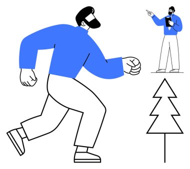 Kendine güvenen bir adam, rehberlik için işaret eden başka bir figür, yakınlarda stilize edilmiş bir ağaç. Liderlik, büyüme, karar verme, takım çalışması, motivasyon gelişimi için ideal. Düz basit