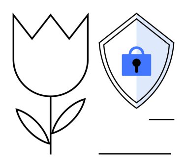 Mavi kilidi olan bir kalkanın yanındaki çiçeğin basit çizimi koruma ve güvenliği simgeliyor. Çevre koruma, dijital güvenlik, mahremiyet, veri güvenliği, doğa konuları için ideal