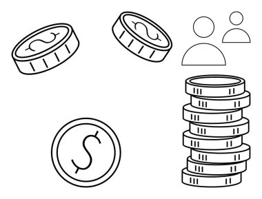 Değişik pozisyonlarda sikkeler ve insan simgelerinin yanına istiflenmiş bir yığın. Finans, yatırım, zenginlik yönetimi, tasarruf, parayla ilgili eğitim, takım çalışması ve strateji için ideal. Düz basit metafor
