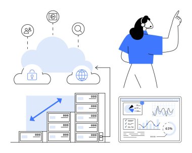 Veri sunucuları, güvenli bağlantılar ve performans analizleri olan bulut hesaplama simgeleri. Kadın öngörüleri işaret ediyor. Teknoloji, güvenlik, bulut depolama, analitik ve verimlilik artışı için ideal