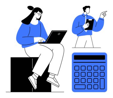 Dizüstü bilgisayarda çalışan bir kadın, elinde büyük hesap makinesiyle el kol gezen bir adam. Takım çalışması, finansal planlama, iş stratejisi, eğitim, üretkenlik, muhasebe, dijital araçlar için ideal