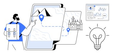 Sırt çantalı gezgin, dağ ve kale rotalarının yer aldığı dijital haritaları araştırıyor, ekranda analistler ve yeni fikirleri sembolize eden bir ampul ikonu. Seyahat, yenilik ve strateji için ideal