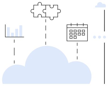 Bulut çubuk grafiğini, bulmaca parçasını ve takvimi birbirine bağlar, işbirliğini, analitiği, planlamayı, bulut hesaplamasını, verimliliği sembolize eder. Takım çalışması yeniliği için ideal iş akışı entegrasyon verisi