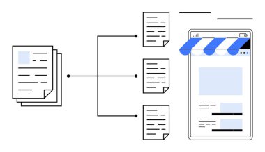 Dosyaları ve bir çevrimiçi mağaza arayüzünü ayırmak için bir akış şeması üzerinden bağlı belge yığını. İçerik yönetimi, ecommerce, dijital organizasyon, veri akışı, iş süreci, çevrimiçi için ideal