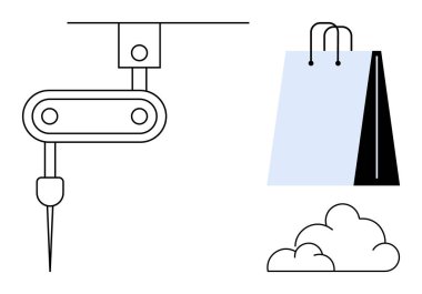 Robot kol ürünler yaratıyor, alışveriş torbası ticareti sembolize ediyor, bulut teknolojiyi gösteriyor. Perakende satış, otomasyon, teknoloji, e-ticaret, sürdürülebilirlik yenilikleri için idealdir. Düz