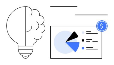 Turta grafiği ve dolar ikonuyla finansal raporun yanında yaratıcılığı sembolize eden beyin şeklindeki ampul. Yenilik, finans, girişimcilik, planlama, büyüme, iş stratejisi için ideal