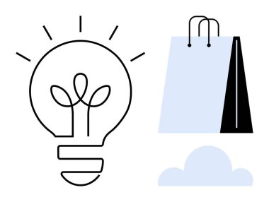 Ampul filizlenen yapraklar alışveriş torbası ve bulut ile eşleştirildi. Çevre-yaşam tarzı, sürdürülebilirlik, yeşil alışveriş, yenilik, çevre dostu fikirler, modern markalaşma, düz metafor için ideal