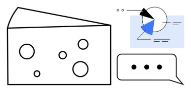 Yuvarlak delikli peynir dilimi, pasta grafiği ve elipsli konuşma balonu iletişim, analiz, üretkenlik, beyin fırtınası, işbirliği, problem çözme ve yaratıcılığı vurguluyor. Düz