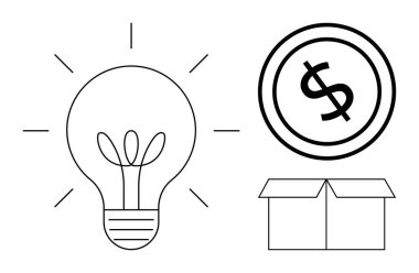 Yaratıcılığı sembolize eden ampul, karlılığı gösteren dolar işareti, ve paketleme ya da teslimat için açık kutu. Yenilik, iş büyümesi, girişimcilik, e-ticaret, yaratıcılık için ideal