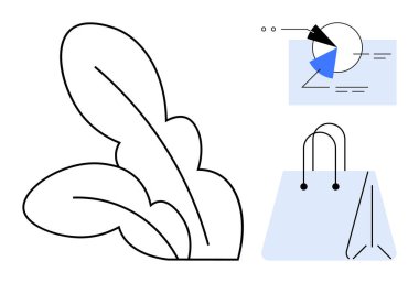 Soyut yapraklar, alışveriş torbası ve analitik veri görselleri ekolojik bilinçli ticareti yansıtır. Sürdürülebilirlik, yeşil enerji, eko-alışveriş, büyüme, ilerleme analizci davranışı için idealdir. Düz