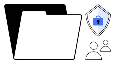 Büyük dosya dizini, kilidi olan kalkan güvenliği temsil ediyor, iki kullanıcı simgesi. Veri koruması, mahremiyet, kullanıcı güvenliği, belge yönetimi, bilgi güvenliği, güvenli depolama gizliliği için ideal