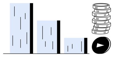 Dikey bar grafiği, bozuk para yığını, oynatma düğmesi finansal performans, büyüme, veri eğilimleri taşır. Yatırım, strateji, bütçe, analitik ölçeklenebilirlik için ideal düz metafor