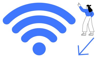 Bir kadının işaret ettiği kalın kablosuz sinyal ve aşağı doğru bir ok bağlantıyı, rehberliği ya da sinyal gücünü simgeliyor. İnternet, teknoloji, iletişim, kablosuz, rehberlik için ideal