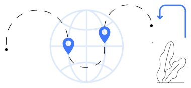 Küresel seyahat, bağlantılar veya veri alışverişini sembolize eden eğri çizgilerle birbirine bağlı iki mavi lokasyon lobutuna sahip dünya haritası. İş, seyahat, lojistik, teknoloji ve yenilik için ideal