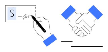 Ödeme belgesi ve ortaklık ve iş anlaşmasını temsil eden el sıkışma üzerine el yazısı. Finans, sözleşme, güven, ortaklık, uzlaşma, işbirliği kavramları için idealdir. Temiz daire