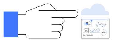 Görünürde grafik, grafik ve analizlerin olduğu bir veri torpidosu ile bulut deposunu işaret ediyor. Bulut hesaplama, veri erişimi, analitik, üretkenlik, teknolojik çözümler, iş için ideal