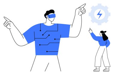 İki figür fütüristik devre ve sanal gerçeklik elementleriyle etkileşim halindedir. Büyük bir figür bağlı devreleri incelerken, küçük bir figür de yıldırım ikonlu bir teçhizatı analiz eder. İdeal